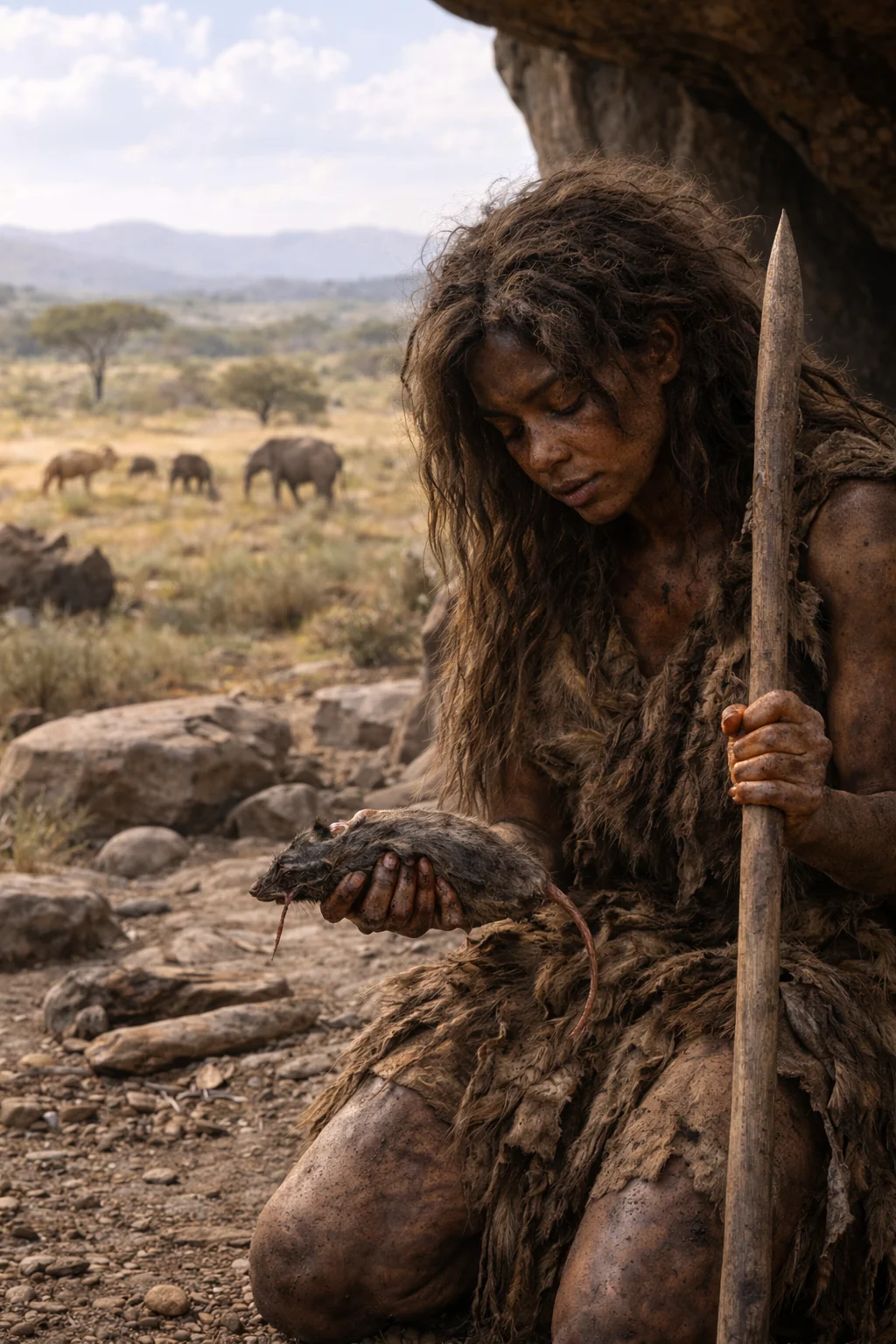 A woman crouches at the edge of an Ice Age savanna at dusk, watching a small band of early humans tending a fire on a distant ridge.