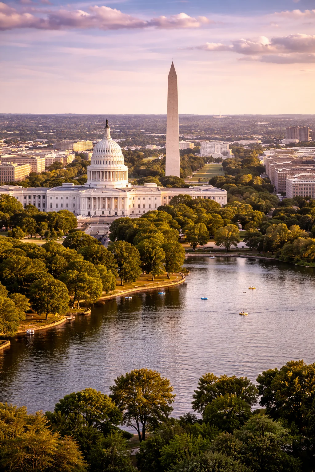 An aerial view of Washington, D.C. with the U.S. Capitol and the Washington Monument, about 189 miles south of Manhattan.