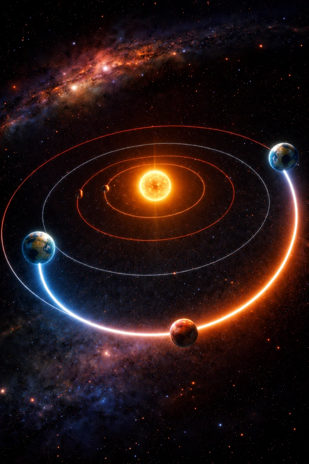 Mars in view — red disk and thin atmosphere — the far end of a round-trip measured in hundreds of millions of miles.