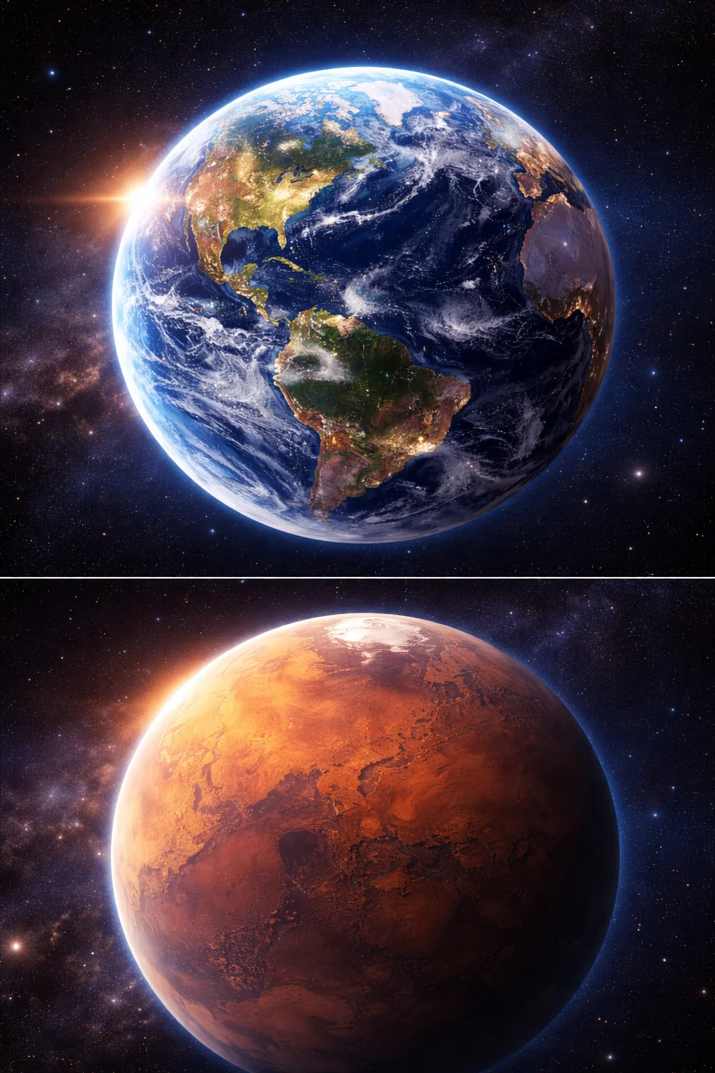 Earth as seen from deep space, small and bright against the void — the starting point of an interplanetary journey.