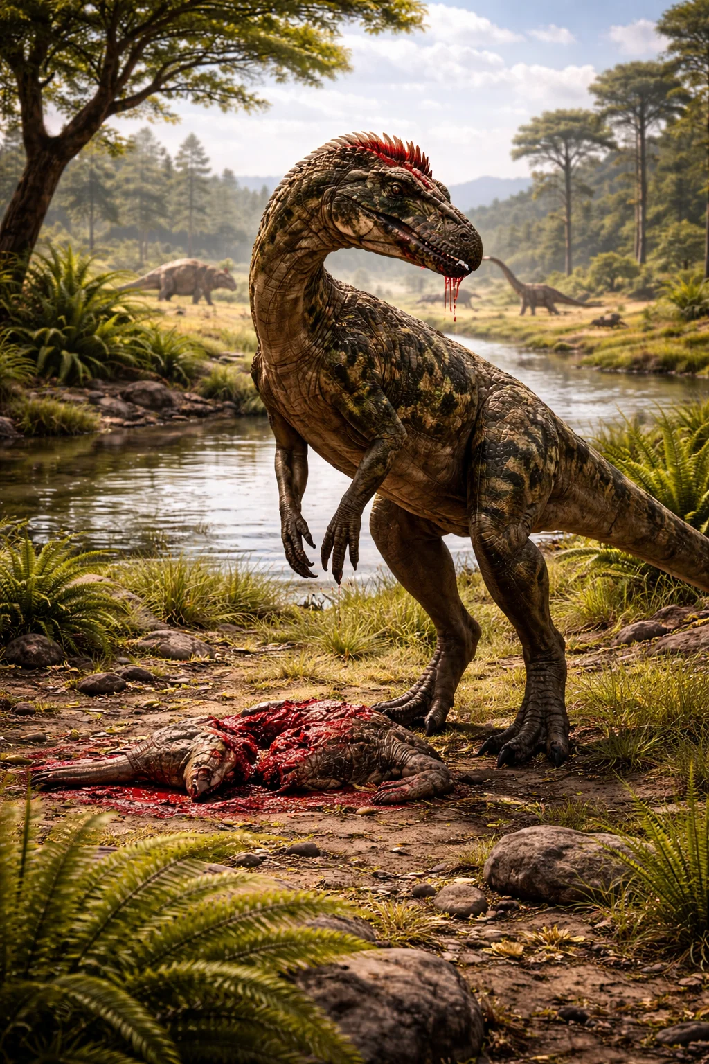 A woman stands at the edge of a Cretaceous fern forest as a long-necked sauropod browses the canopy and a pterosaur glides overhead.